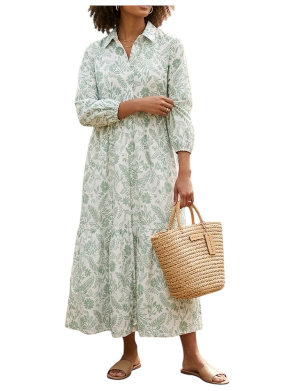Tahari Arthur S. Levine Green White Floral Leaf Tiered Maxi Shirt Dress Small S